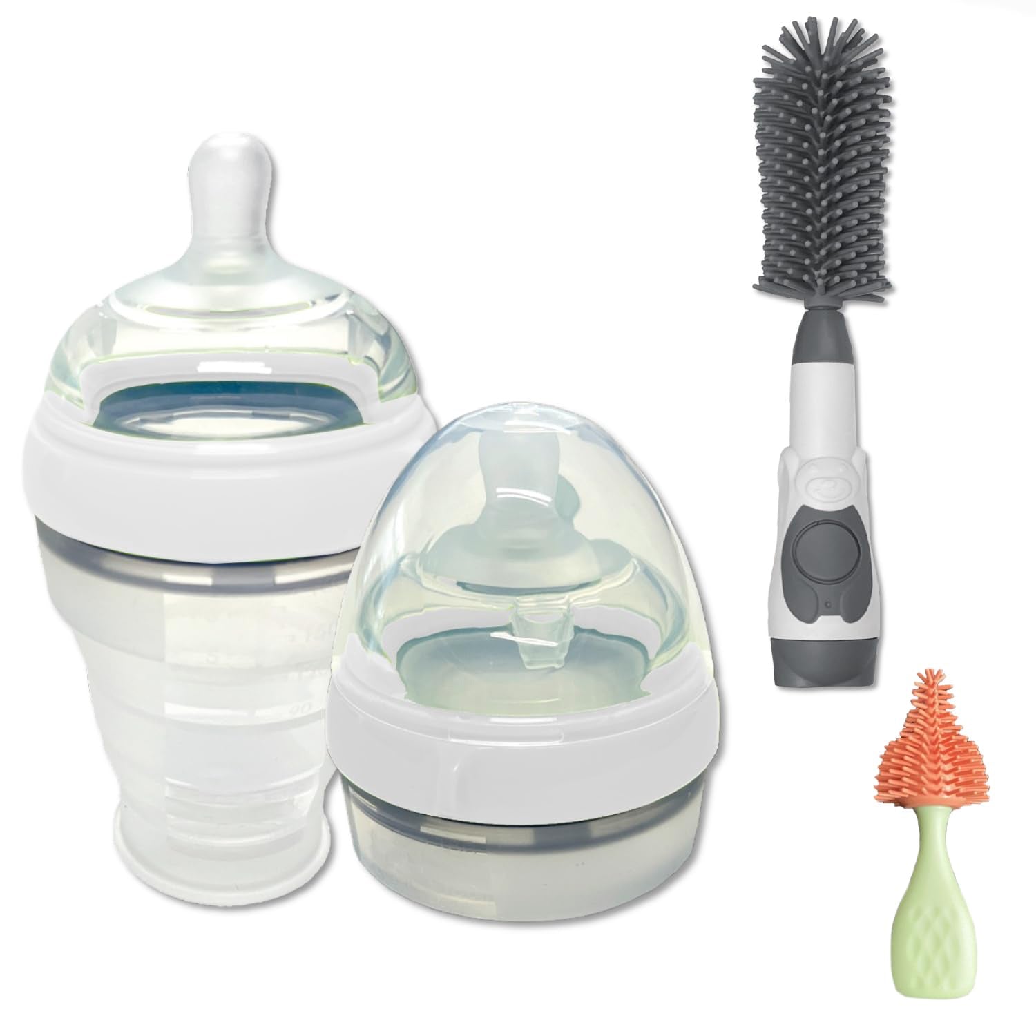 Two baby bottles (one collapsed and one expanded), a soap dispensing brush, and a nipple brush