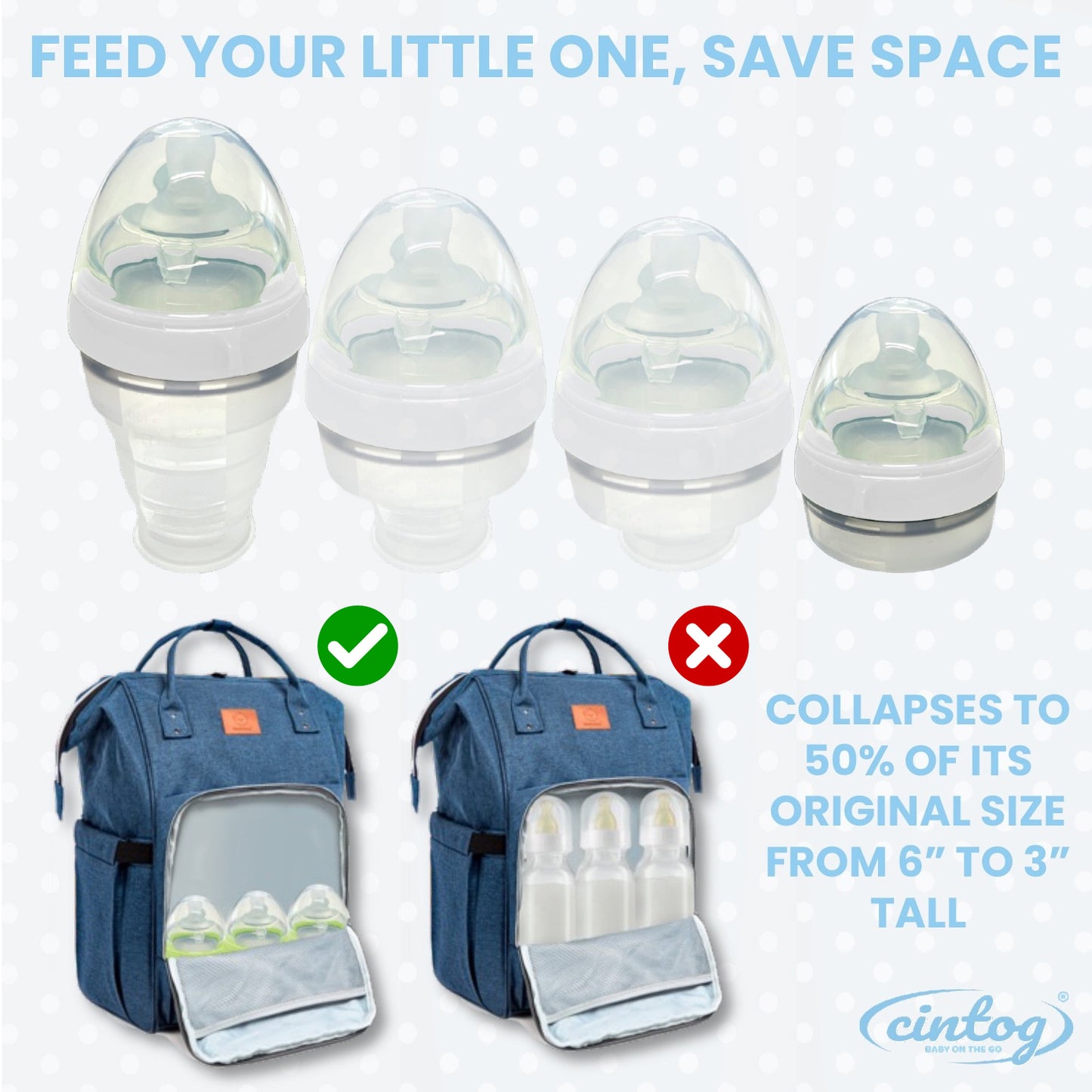 Picture of a baby bottle being collapsed with two baby bags showing the difference between collapsed and regular bottles