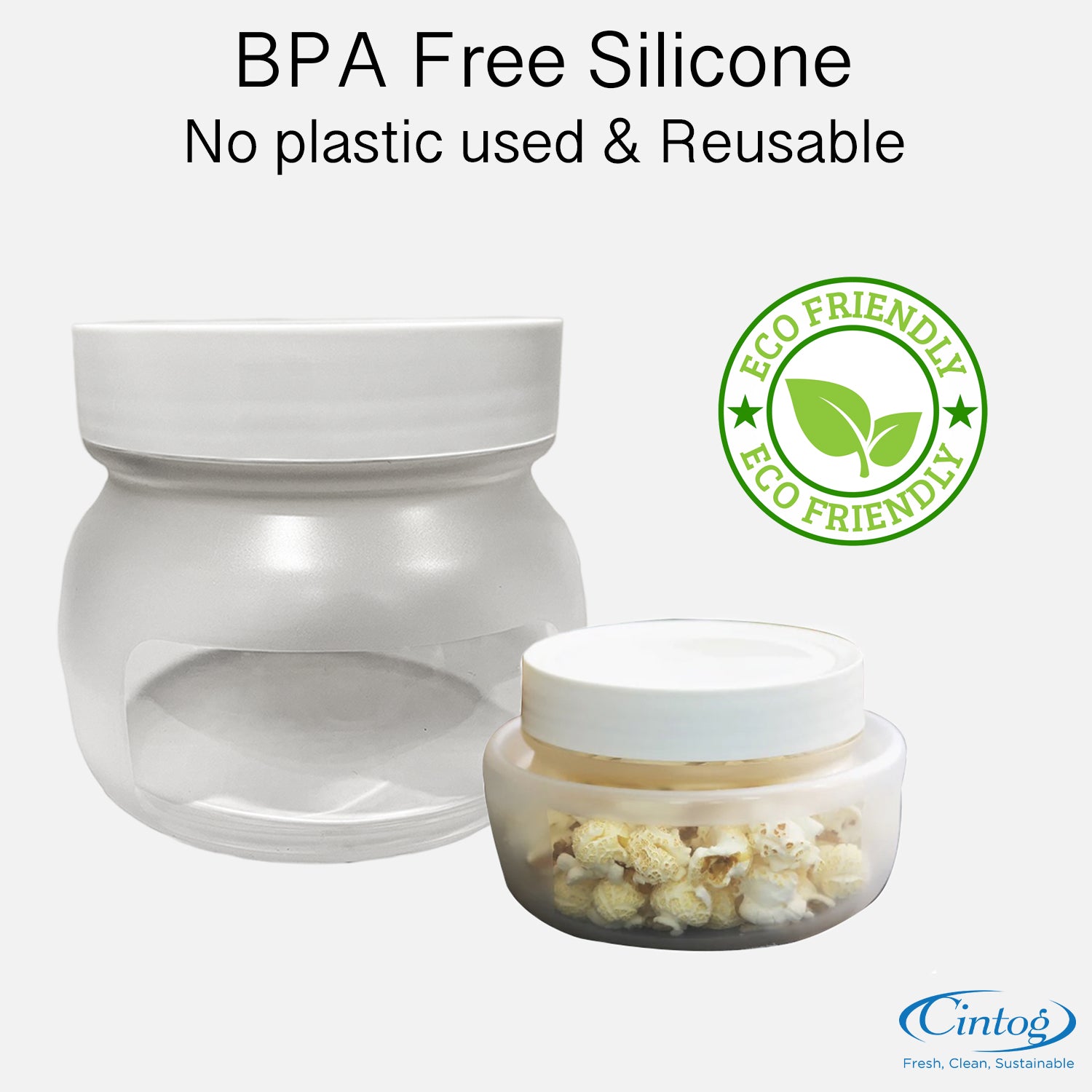 Picture of a collapsible silicone jar with an eco friendly icon next to it showing its bra free materials
