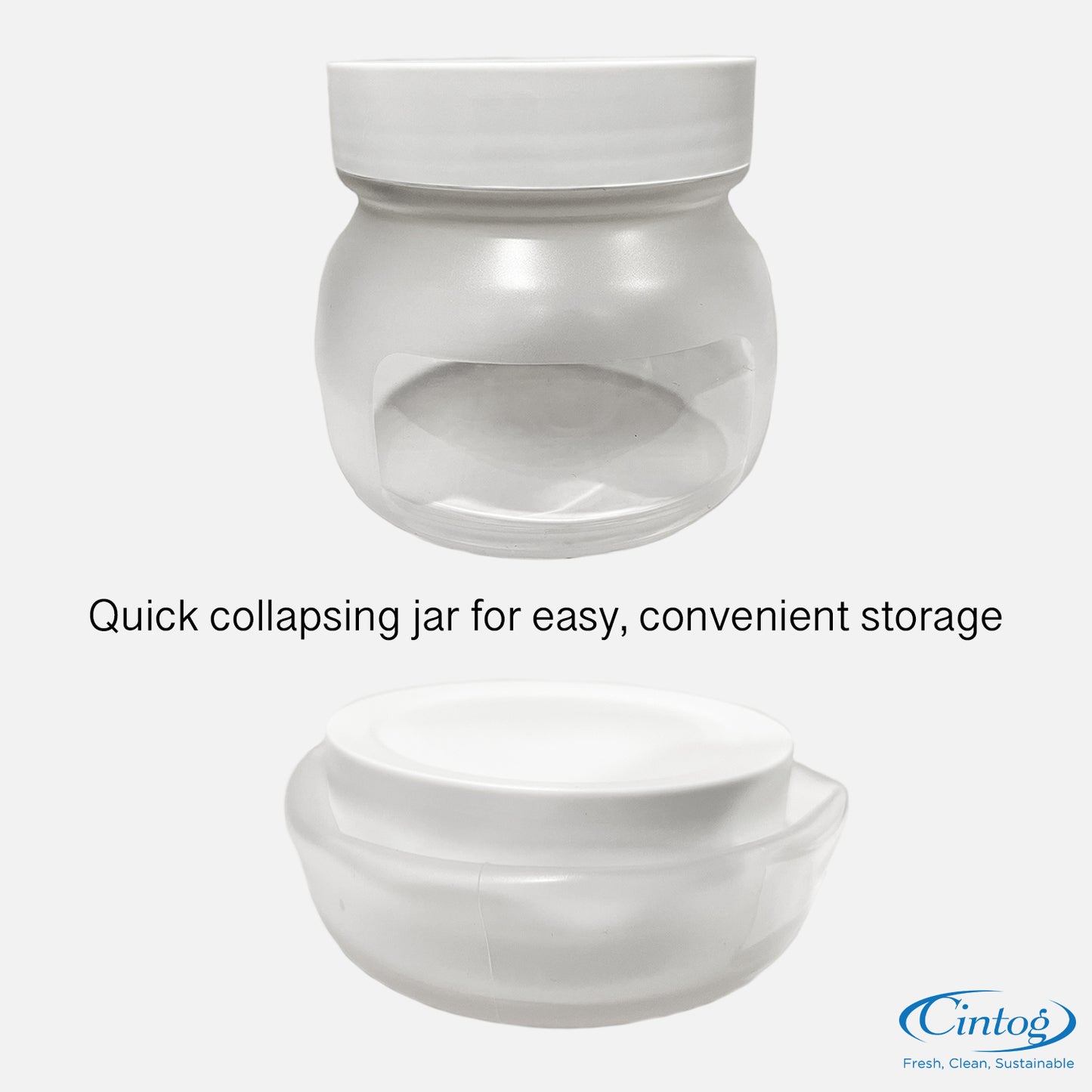 Silicone jar being collapsed with a description on how it saves space