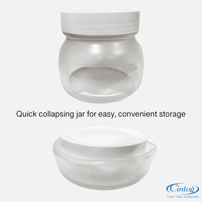 Silicone jar being collapsed with a description on how it saves space