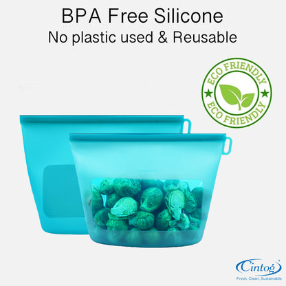 Two silicone food storage bags with a header saying they are BPA free