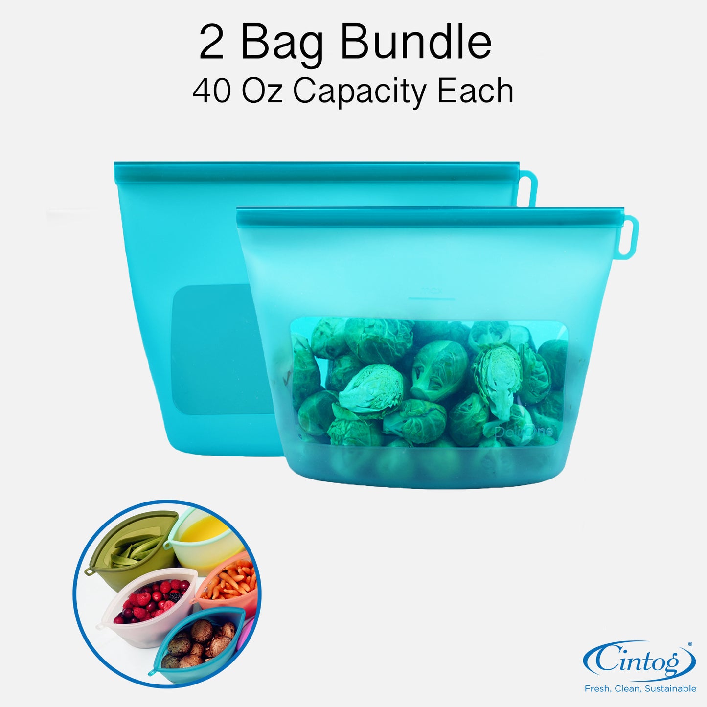 Two silicone food storage bags with a header saying they are 40 oz each