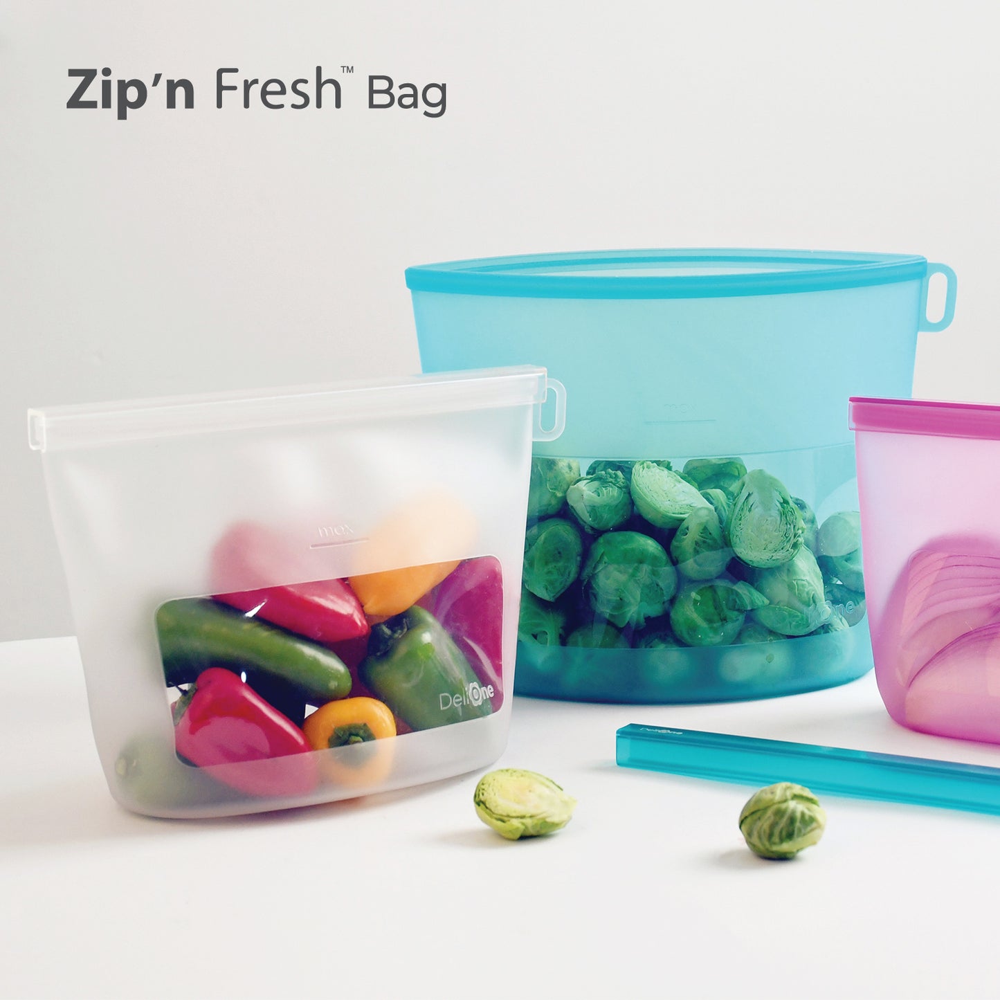 Silicone food storage bags filled with food