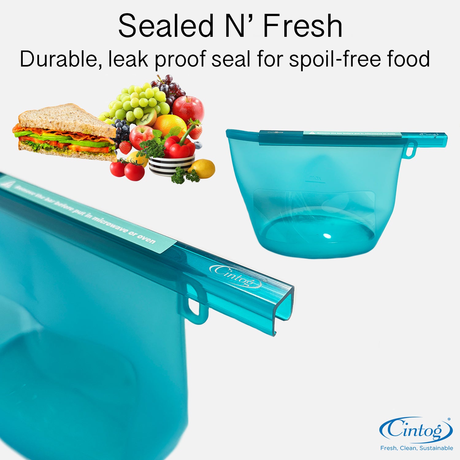 Silicone food storage bags with a plastic seal showing how it can keep food fresh