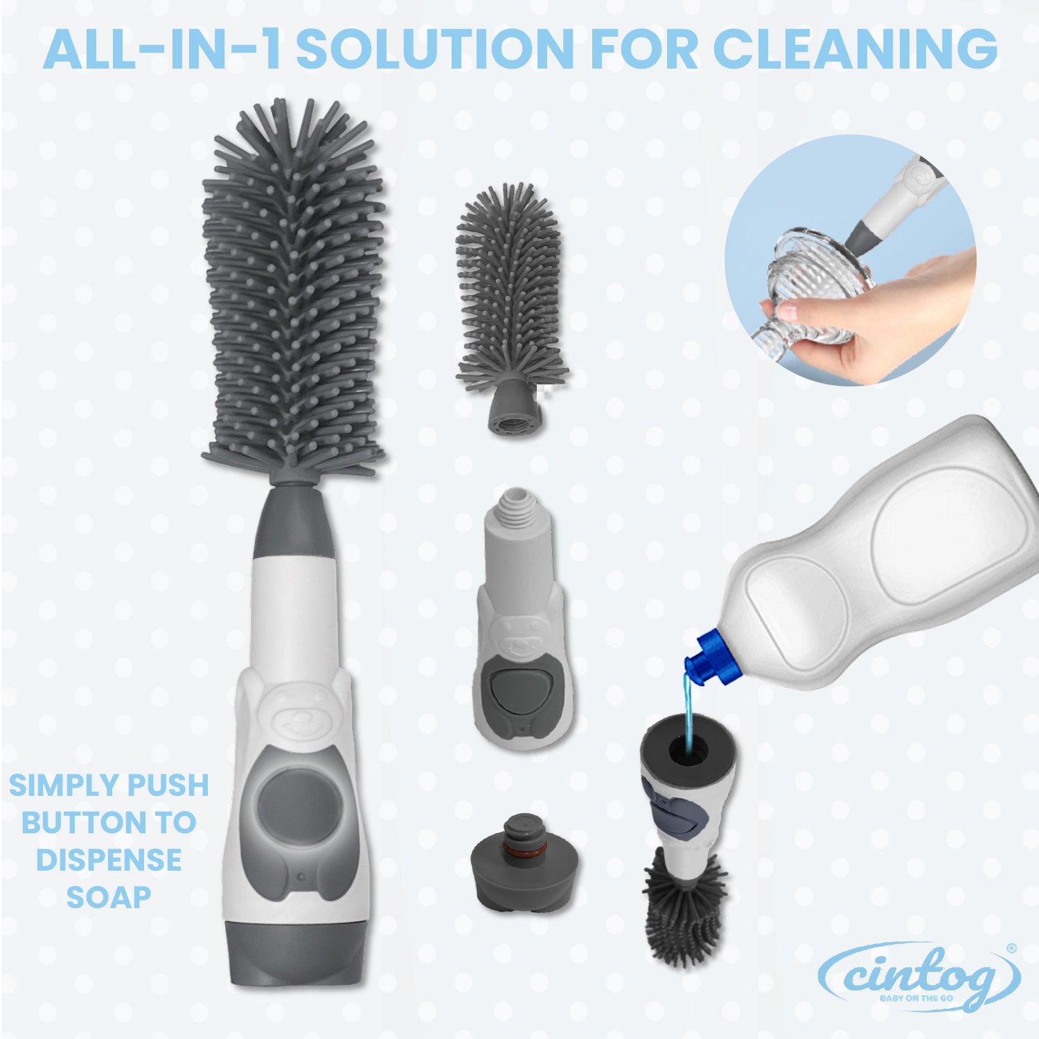 Picture of a soap dispensing bottle brush disassembled and showing how it works