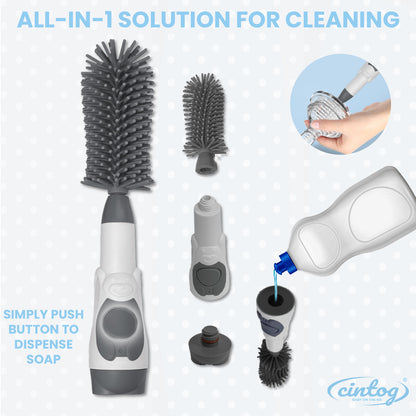 Picture of a soap dispensing bottle brush disassembled and showing how it works